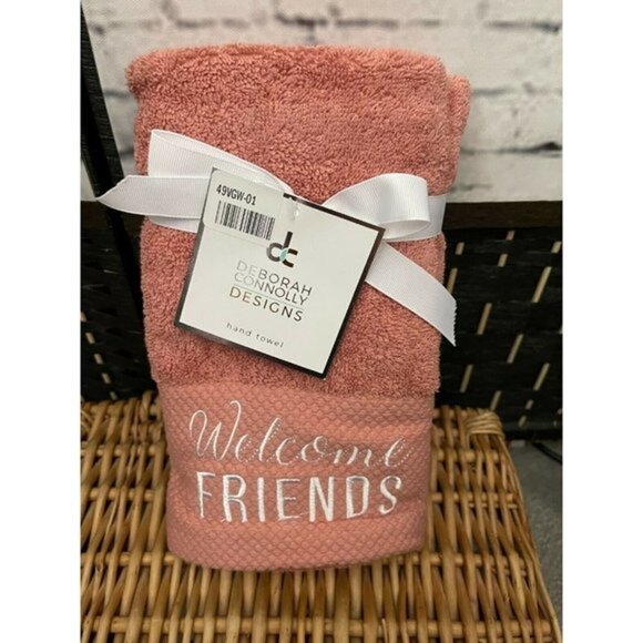 Deborah Connolly 2 Pk Pink Rose Embroidered Welcome Friends Script Hand Towels - Picture 2 of 3